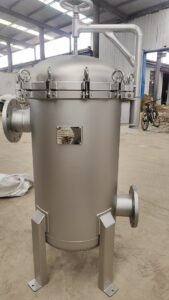 An industrial bag filter designed for liquid filtration and particle removal in industrial applications.