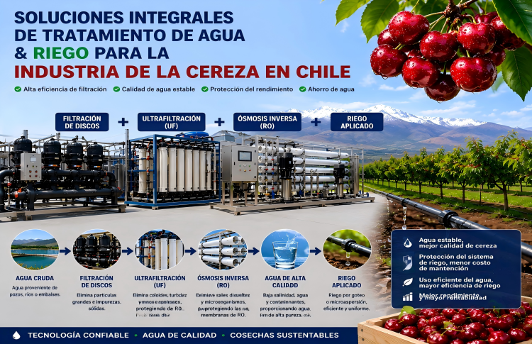 Soluciones integrales de tratamiento de agua y riego para la industria de la cereza en Chile, incluyendo filtración de discos, ultrafiltración, ósmosis inversa y riego por goteo